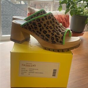 Swedish Hasbeens Leopard Clogs with Neon Green Trim